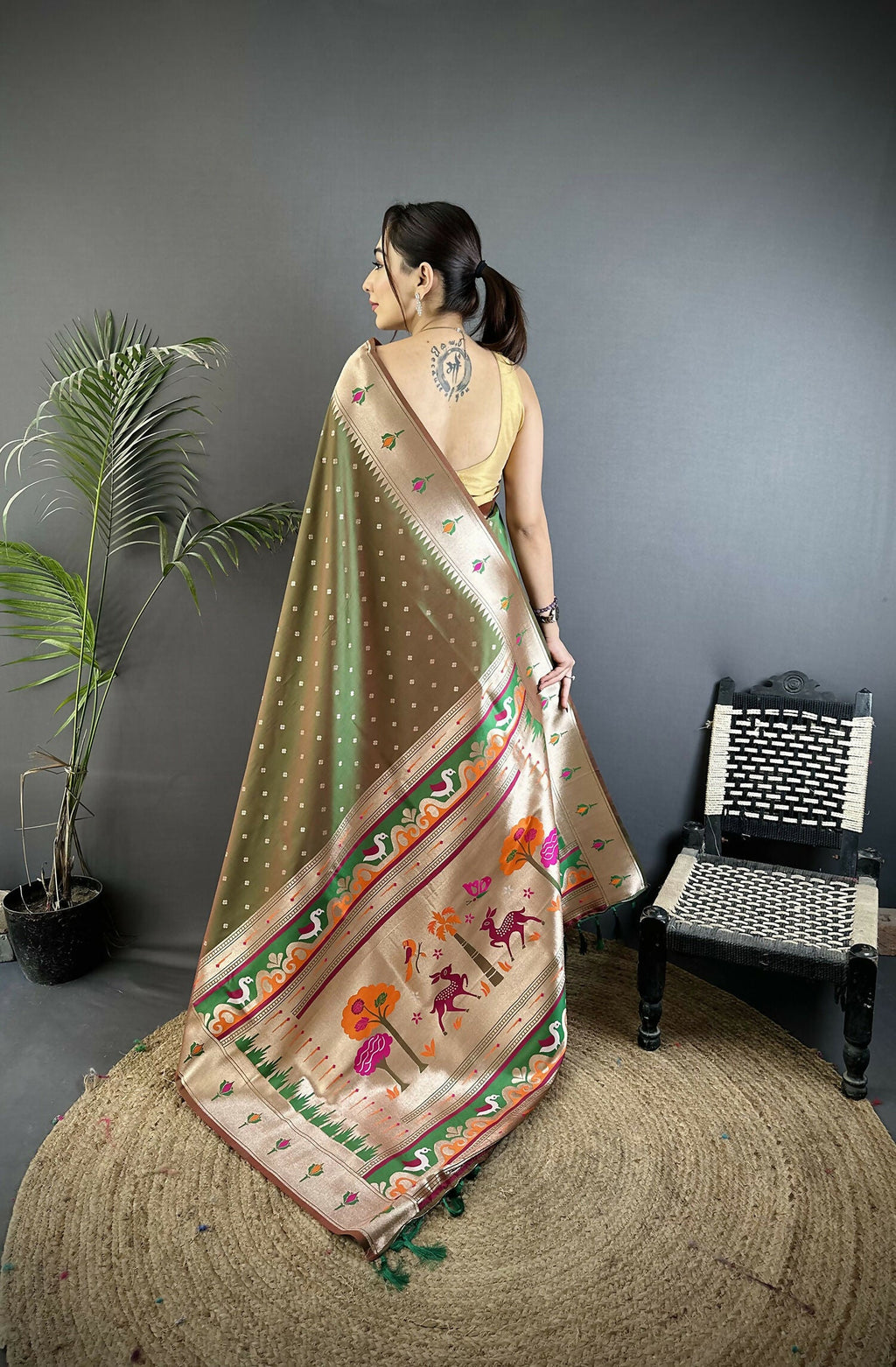 Joban Fashion Mehendi Green Peacock & Floral Motifs Soft Lichi Silk Kanchipuram Saree - Distacart
