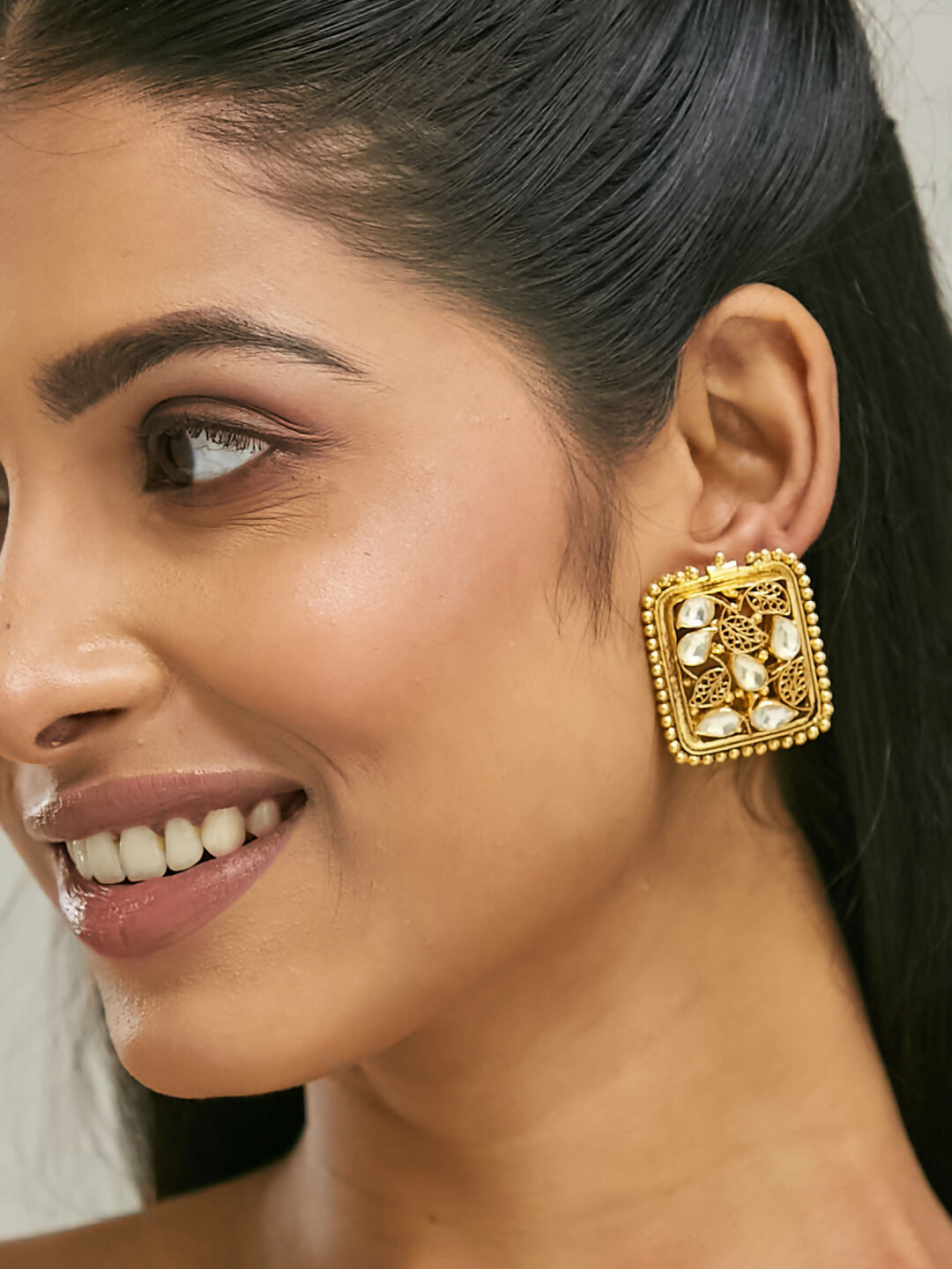 Nuyug 22K Gold-Plated Kundan & Filigree Concept Rectangular Leafy Studs - Distacart