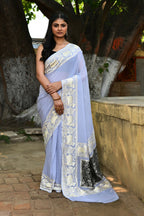 Joban Fashion Silver Crepe Chiffon Pure Handloom Banarasi Silk Saree