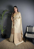 Joban Fashion Off White Banarasi Soft Lichi Silk Checks & Woven Saree - Distacart