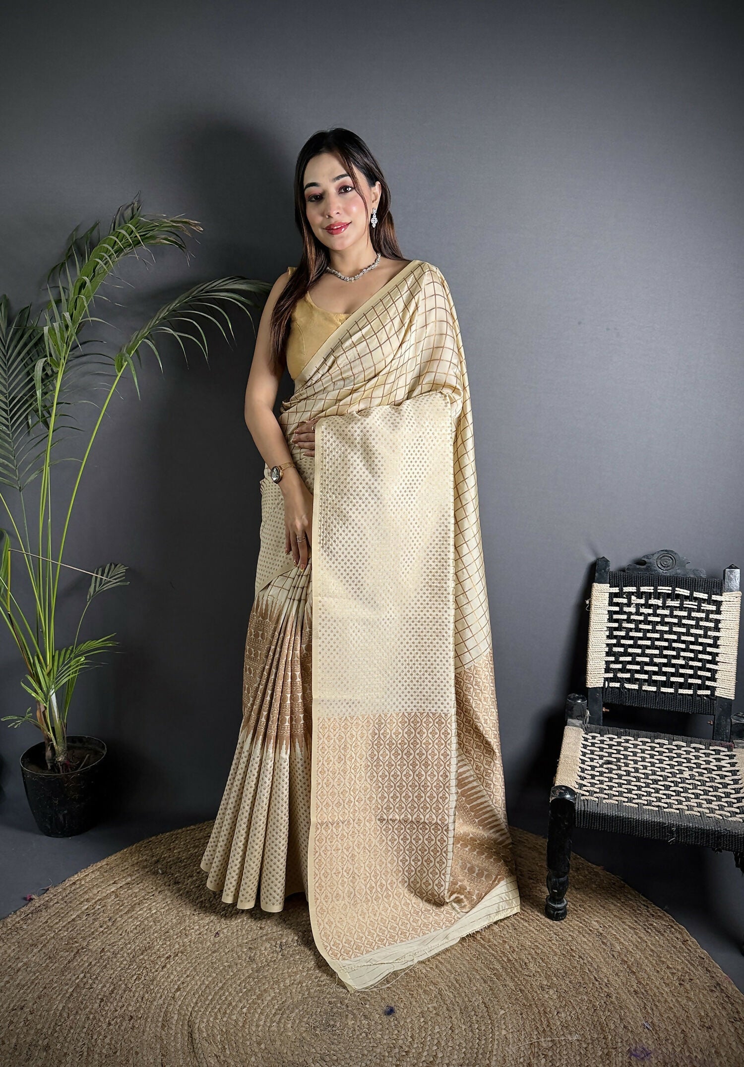 Joban Fashion Off White Banarasi Soft Lichi Silk Checks & Woven Saree - Distacart