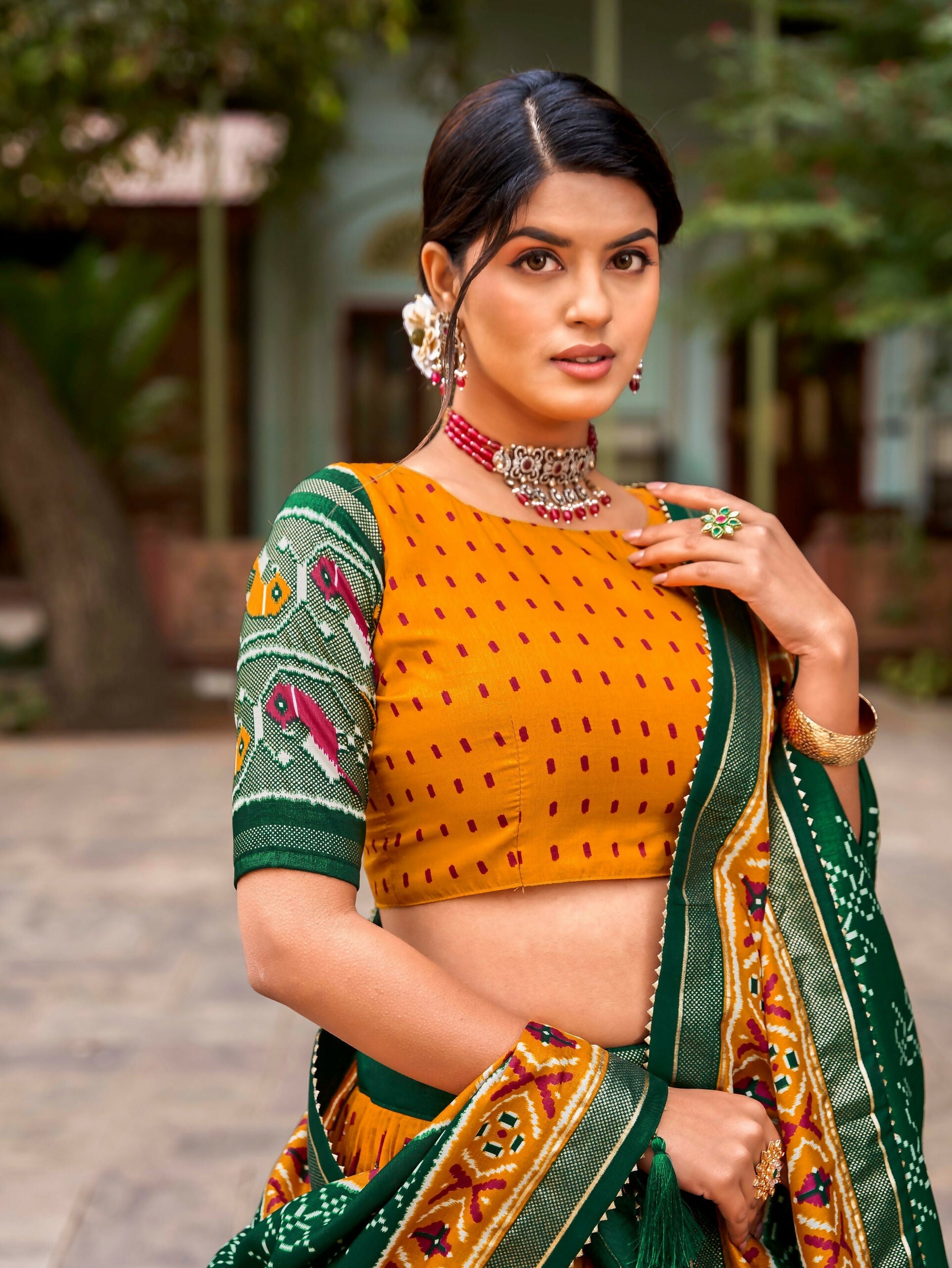 Vastranavya Patola Printed and Foil Work Tussar Silk Lehenga with Unstitched Blouse - Mustard