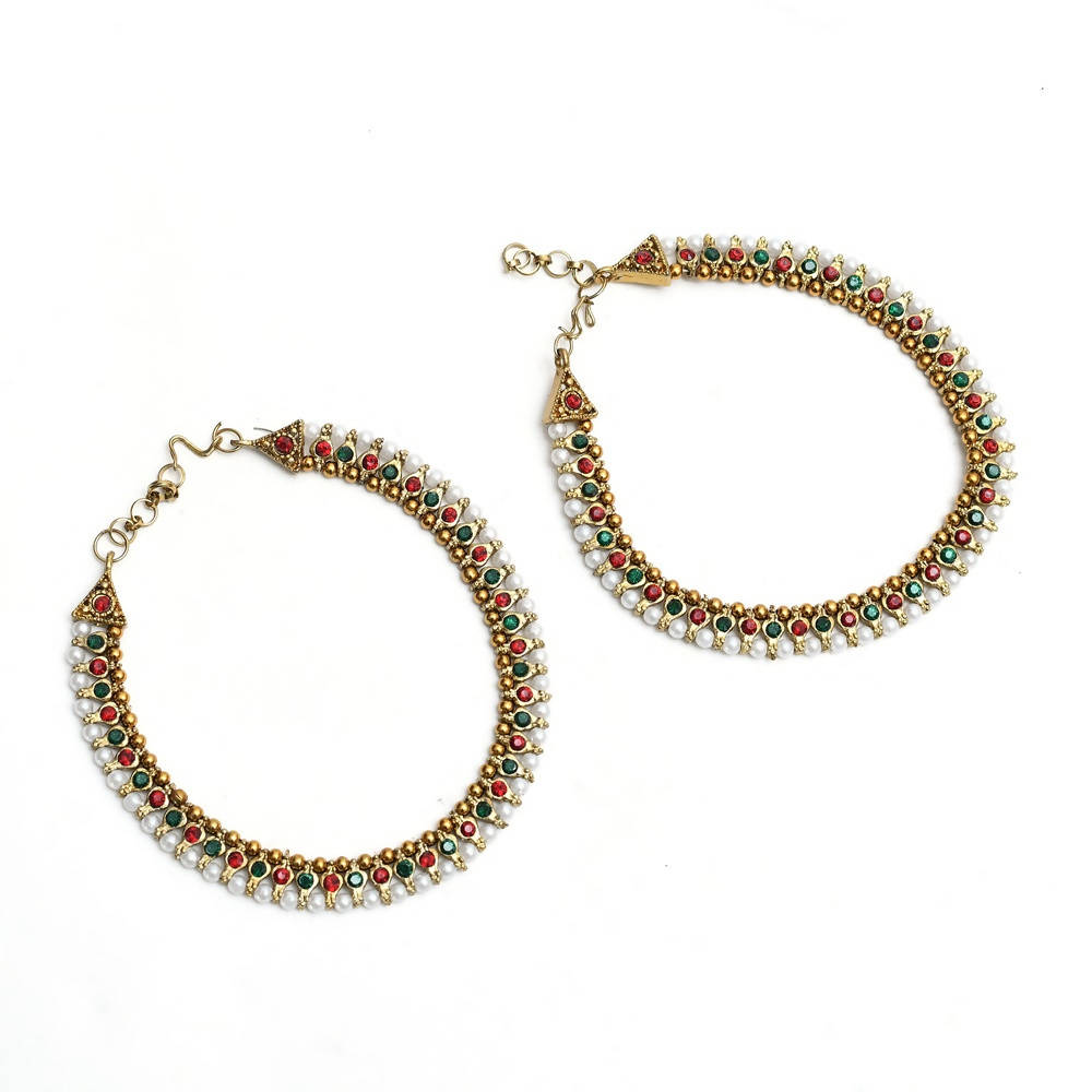 Mominos Fashion Kamal Johar Multi Kundan Anklets With Pearls