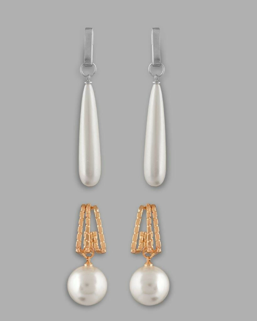 VOJ Set Of 2 Korean Drop Earrings - Gold Plated and Silver Plated With White Pearl - Distacart