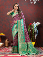 Lorenvalley Fashion Wine & Green Patola Silk Woven Design Meenakari Weaving Saree