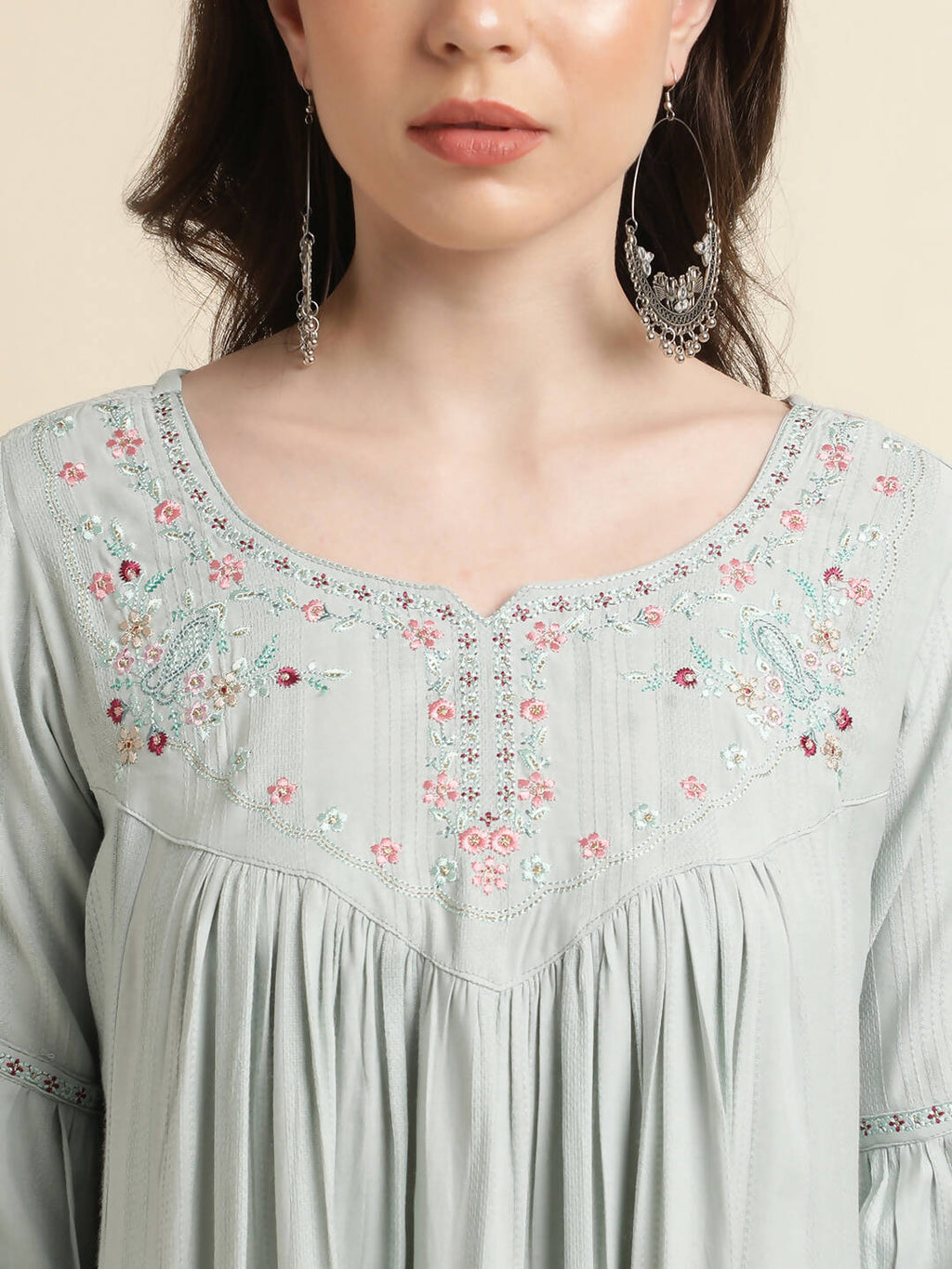 Light Blue Poly Cotton Yoke Embroidered A-line Top - Tarini