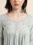 Light Blue Poly Cotton Yoke Embroidered A-line Top - Tarini