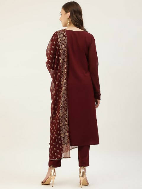 FIORRA Women's Maroon Poly Crepe Straight Kurta Pant With Dupatta
