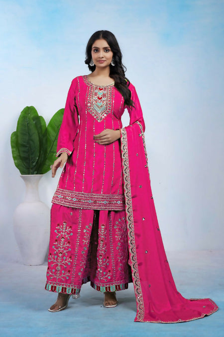 Teeya Creation Pink Color Chinon Silk Wedding Wear Trending Palazzo Set