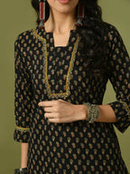Myshka Women's Black Printed Cotton Straight Party Kurta Set With Dupatta