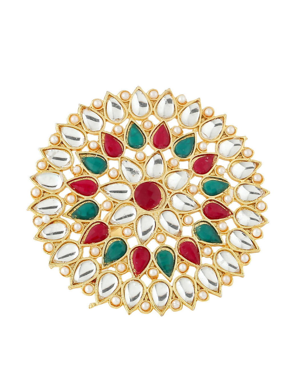 NVR Women's Traditional Ethnic Kundan Meenakari Gold-Polished Ajustable Finger Ring