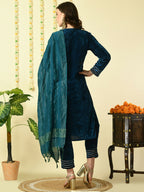 Myshka Women's Teal Velvet Kurta & Trousers With Dupatta Party Sets
