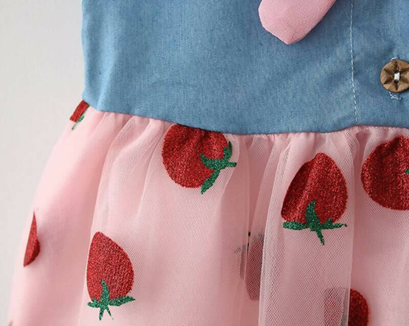Bold N Elegant Cap Sleeve Denim Embroidered Midi Party Dress Frock with Hat Dress - Strawberry Pink
