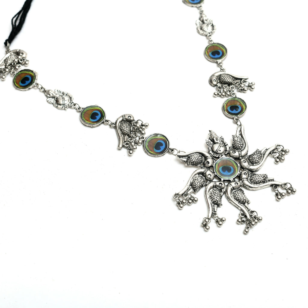 Mominos Fashion Johar Kamal Oxidised Silver-Plated Brass Finish Peacock Design Long Necklace Set For Women - Distacart