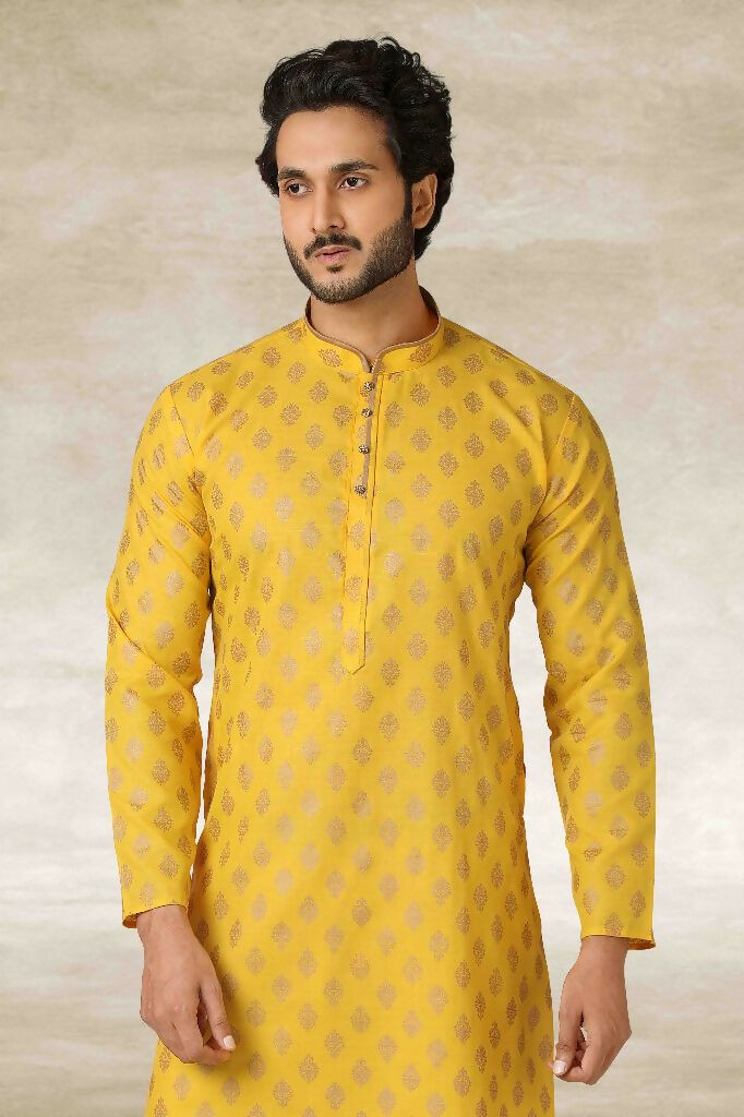 Raivat Ethnic Cotton Printed Work Kurta Pajama In Yellow Colour