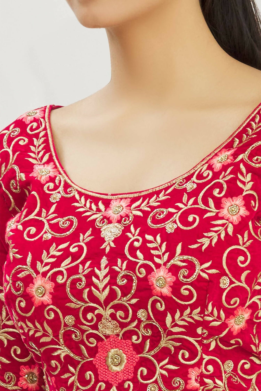 Red Velvet Semi-Stitched Wedding Bridal Lehenga - Nimaya