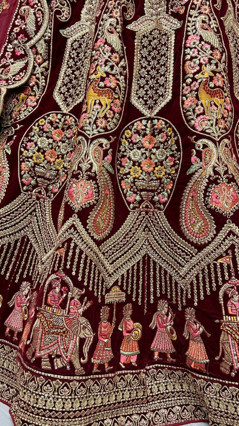 Jyoti Fashion Women's Maroon Velvet Multi Thread Embroidered with Zircon Diamond Work Wedding Lehenga Choli