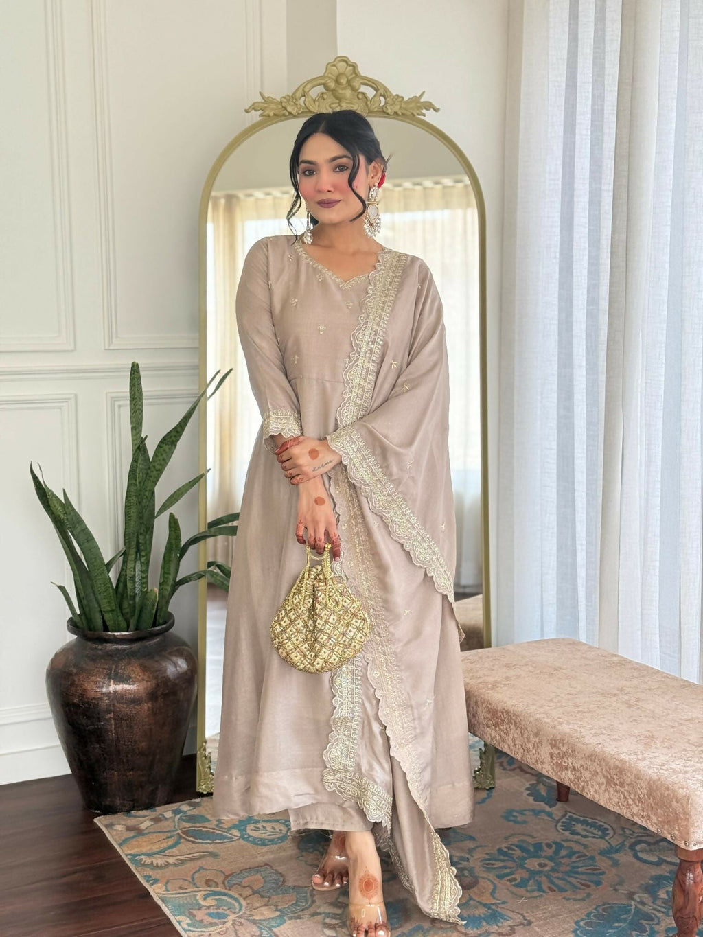The52 CreamWomen's Gorgeous Vichitra Silk Fabric Embroidered Work Flared Anarkali Pant and Dupatta Set - Distacart