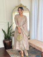 The52 CreamWomen's Gorgeous Vichitra Silk Fabric Embroidered Work Flared Anarkali Pant and Dupatta Set - Distacart