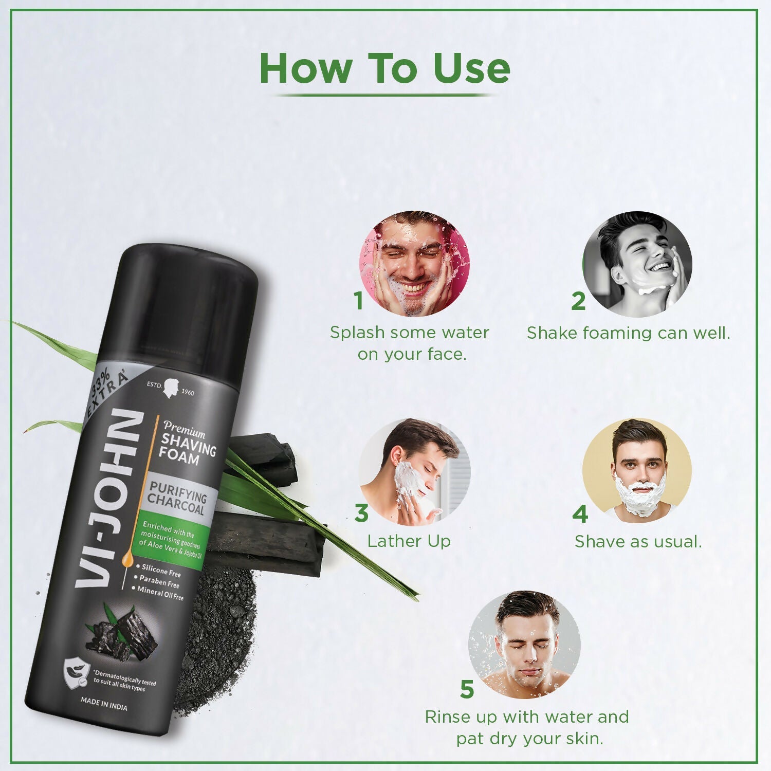 VI-JOHN Dermatologically Tested Premium Purifying Charcoal Shaving Foam Enriched with Aloevera & Jojoba Oil Free From Silicone, Paraben & Mineral Oil - Distacart