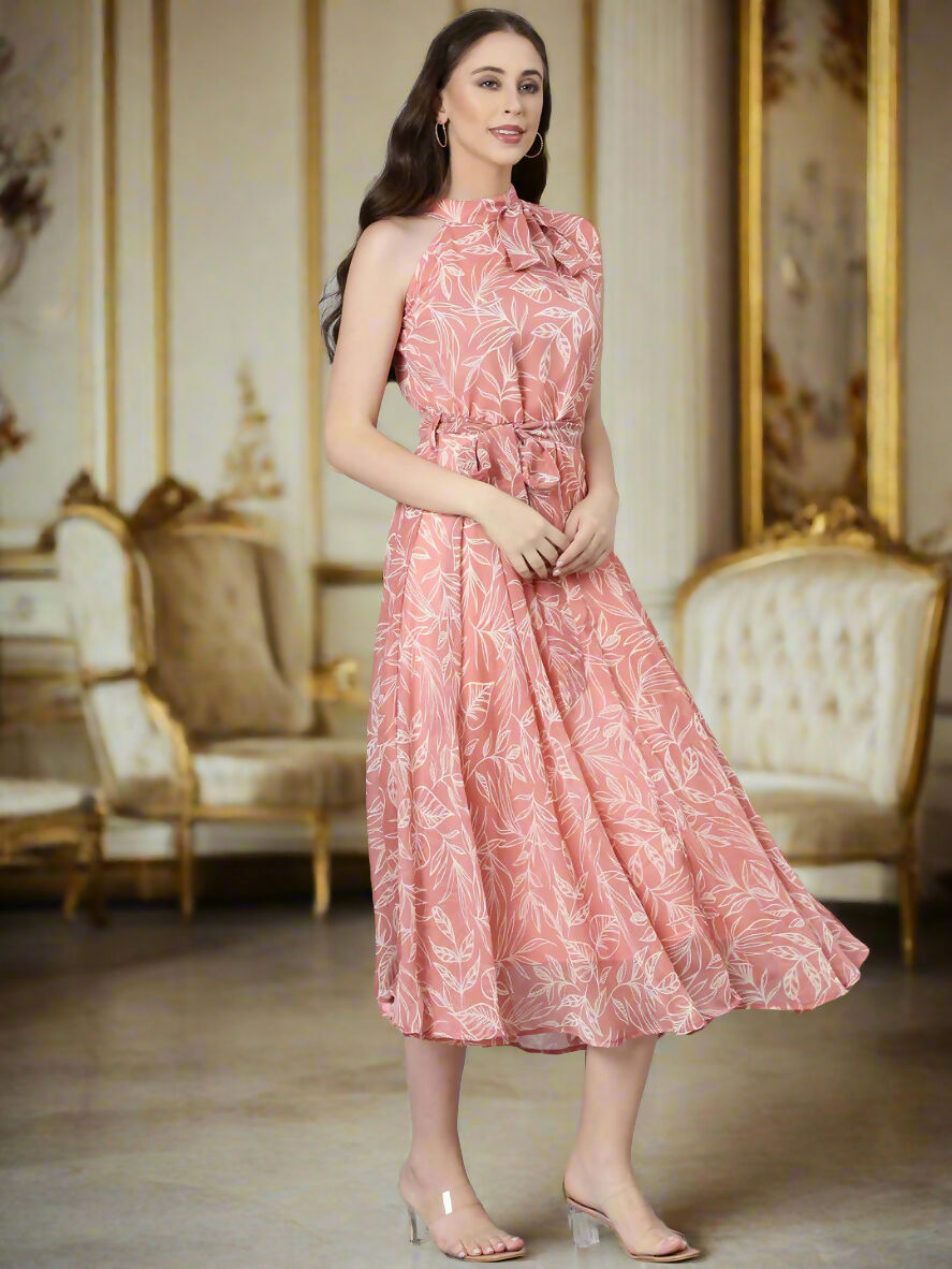 Souchii Peach Floral Chiffon Dress