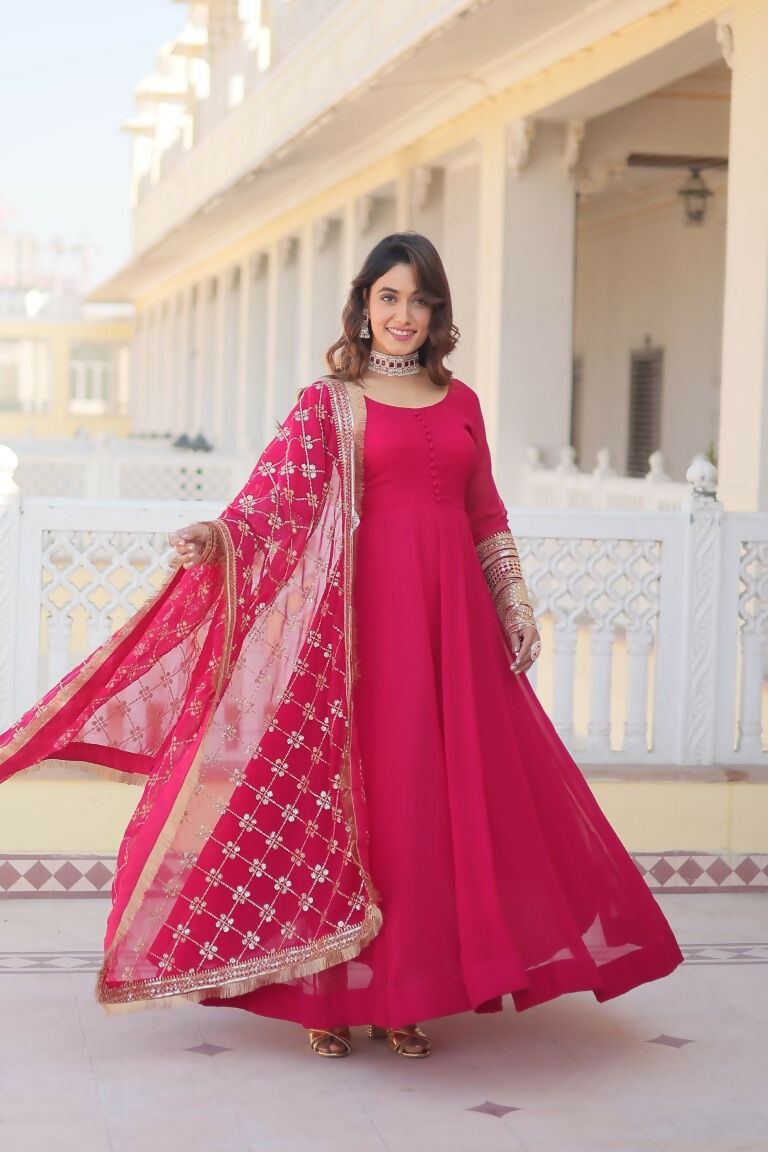 Jyoti Fashion Women's Rani Pink Faux Blooming Sequins Zari Embroidered Anarkali Dress with Dupatta