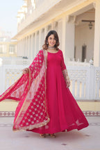 Jyoti Fashion Women's Rani Pink Faux Blooming Sequins Zari Embroidered Anarkali Dress with Dupatta