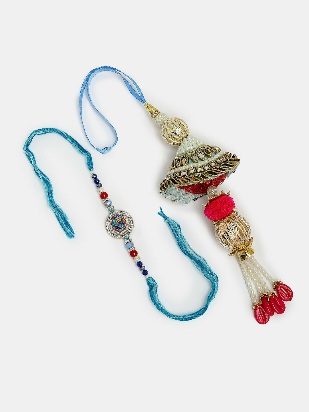 NVR Women & Men Set of 2 Blue Kundan-Studded & Beaded Bhaiya Bhabhi Rakhi With Roli Chawal - Distacart