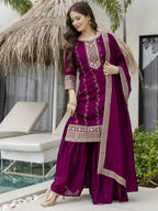 The52 Wine Beautiful Embroidered Vichitra Silk Fabric Straight Kurta, Palazzo and Dupatta Set - Distacart