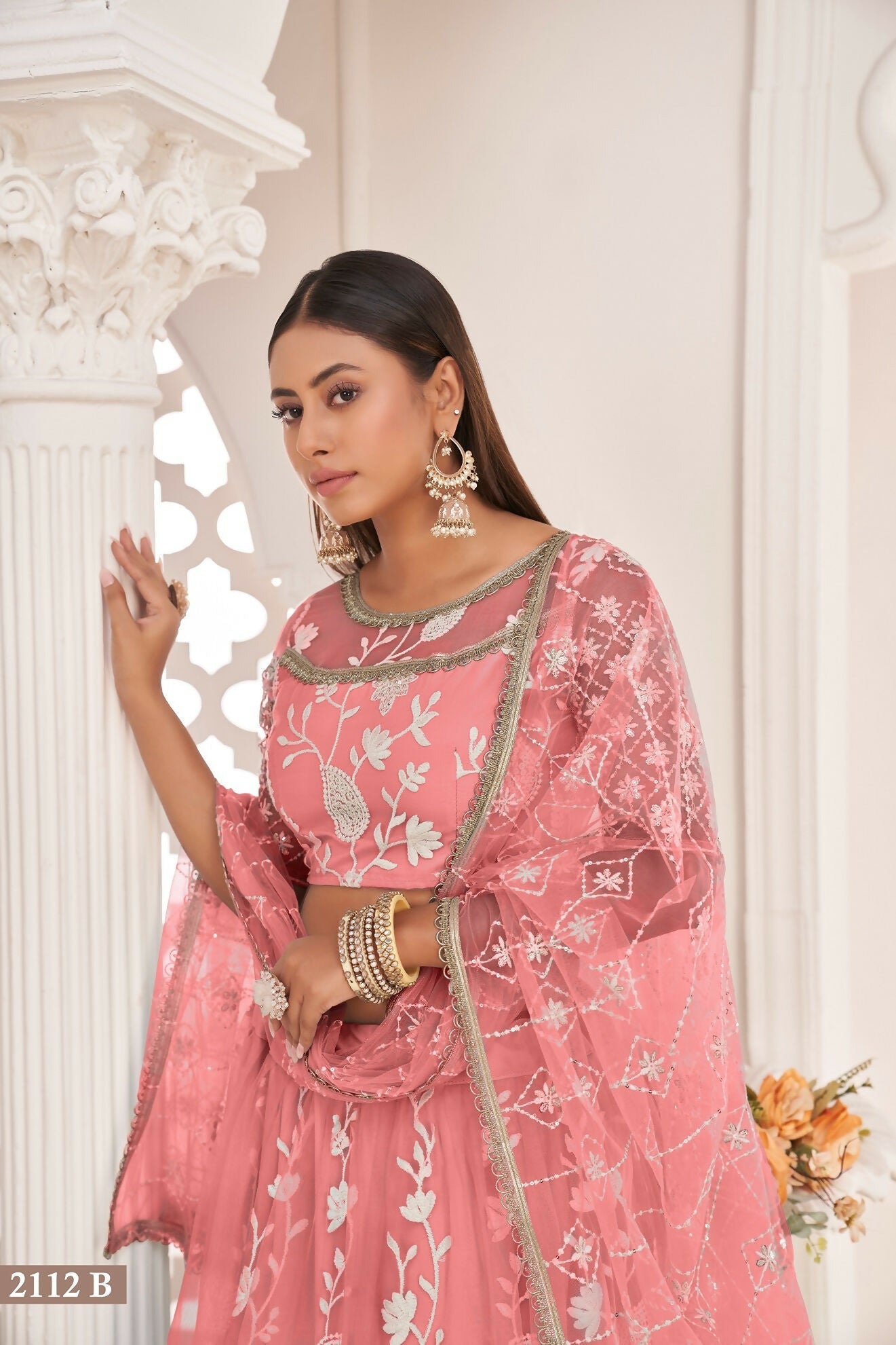 Eilara Women'S Peach Butterfly Net White Cotton Thread And Zari Sequence Embroidered Work Lehenga Choli For Party Wear