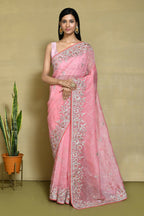 Pink Organza Satin Silk Sequence Embroidered with Stone work Saree - Nimaya Benzy