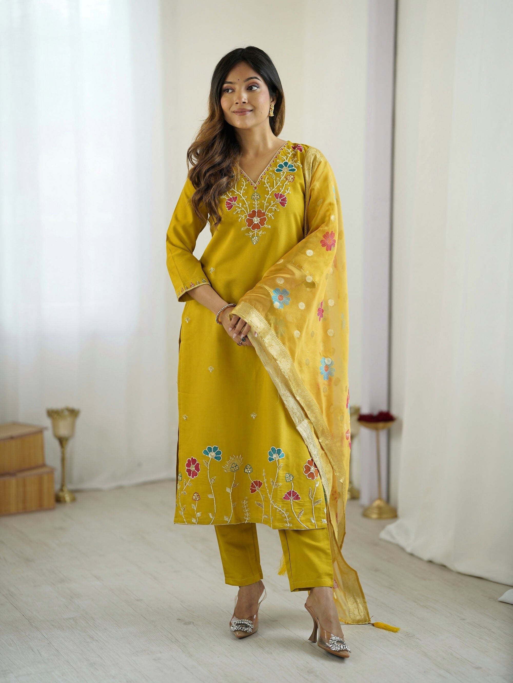 The52 Yellow Women's Gorgeous Embroidered work Viscose Gadhwal Fabric Straight Kurta, Pant and Dupatta Set - Distacart