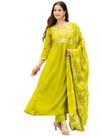 The52 Liril Women's Beautiful Embroidered work Chinon Fabric with Flared Kurta, Pant and Dupatta Set - Distacart
