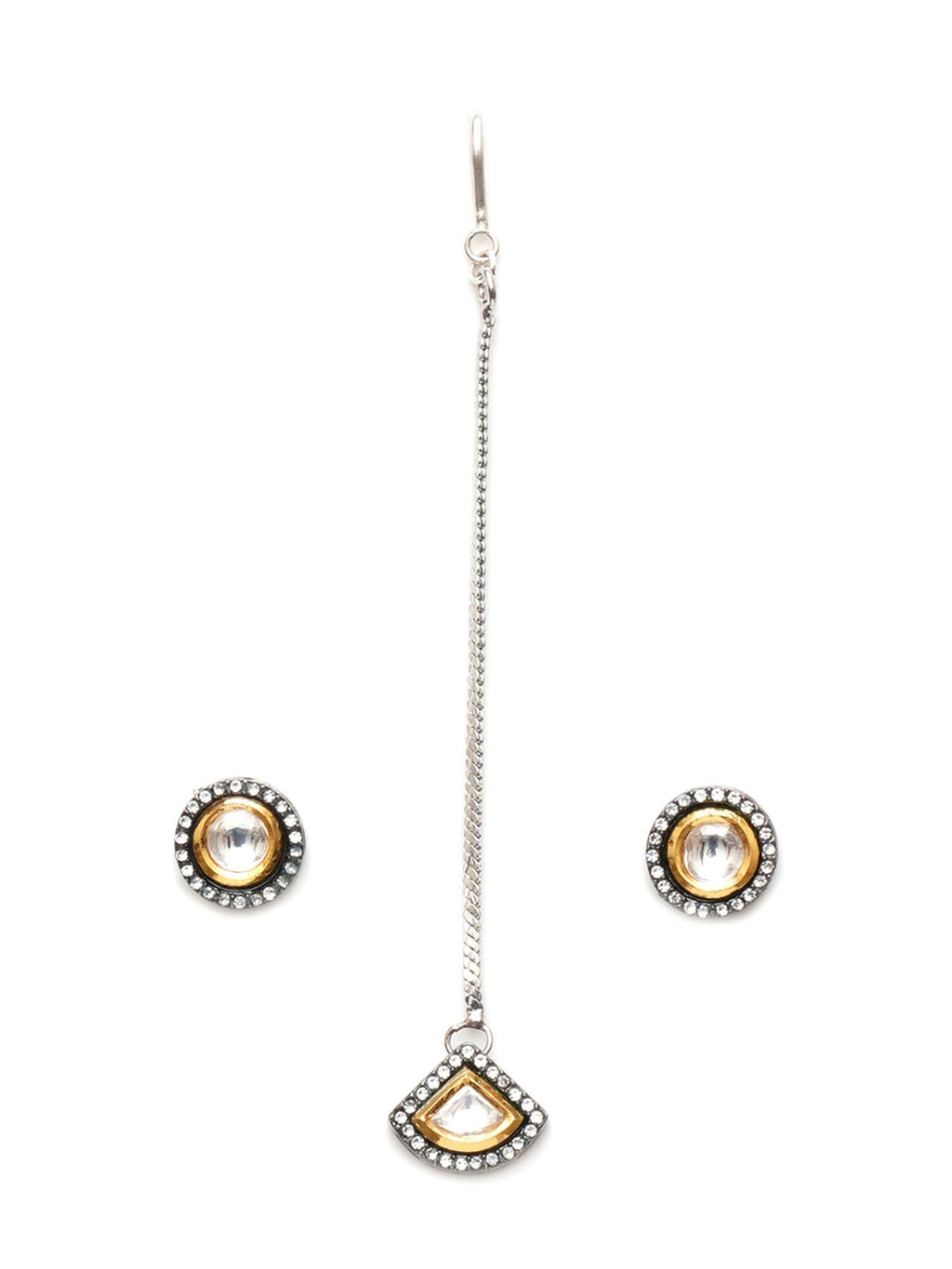 Dual Tone Kundan Maang Tikka with Earrings Jewellery Set (silver) - Ruby Raang