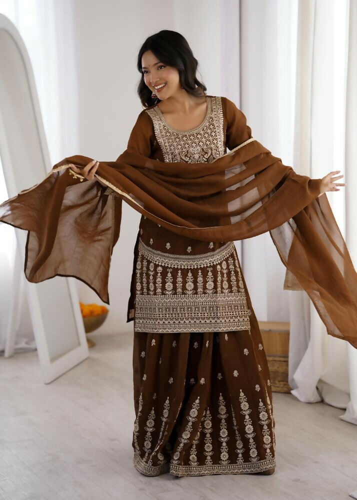 Lehenga Mart Designer Sharara Suit With Kurta, Sharara, Dupatta For Women-Brown - Distacart