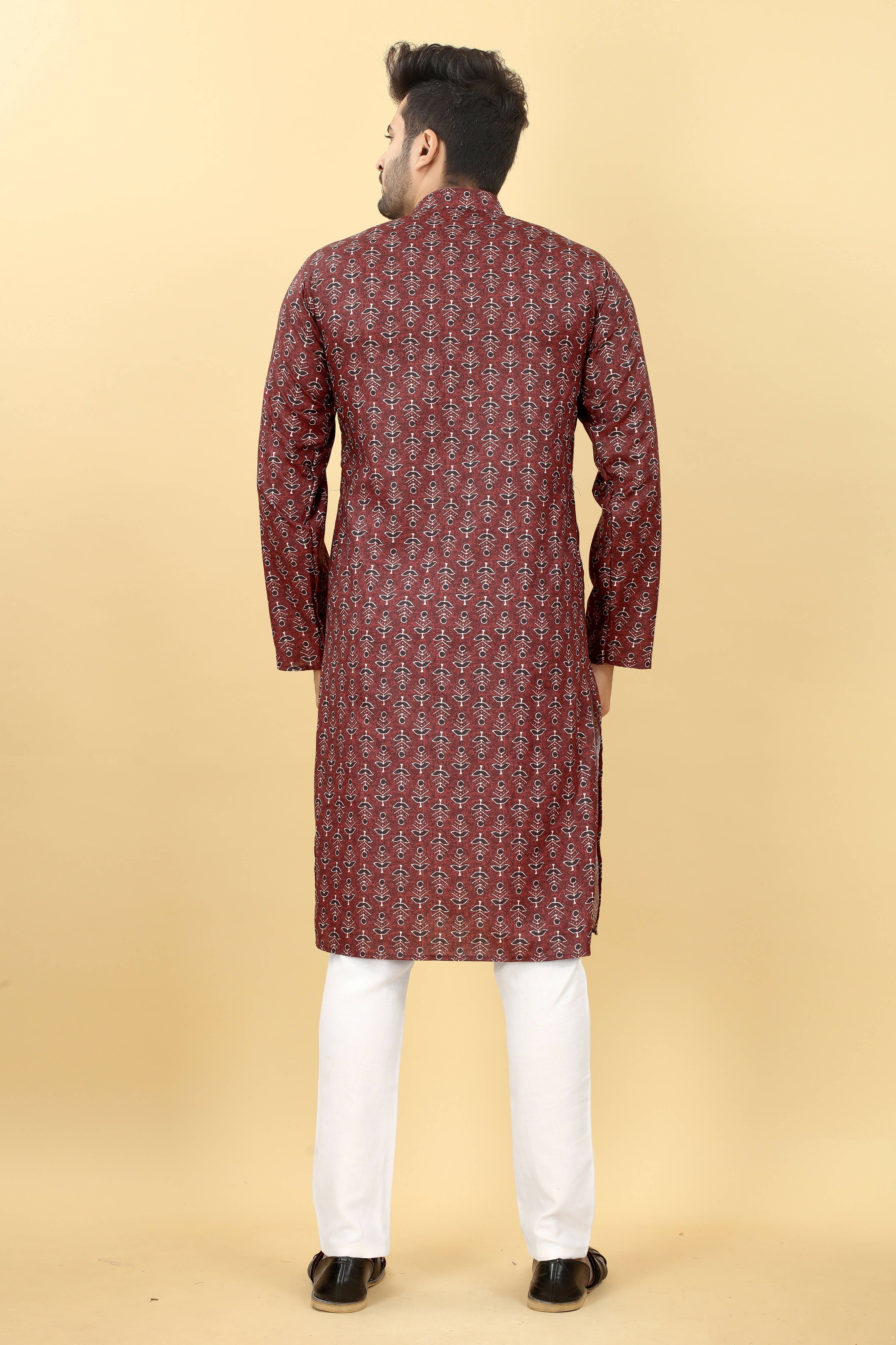 Maroon Cotton Printed Men's Kurta - Mahotsav