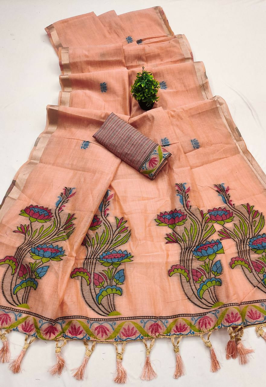 Vastranavya Peach Muga Cotton Meenakari & Azarakh Pallu Saree with Contrast Blouse - Distacart
