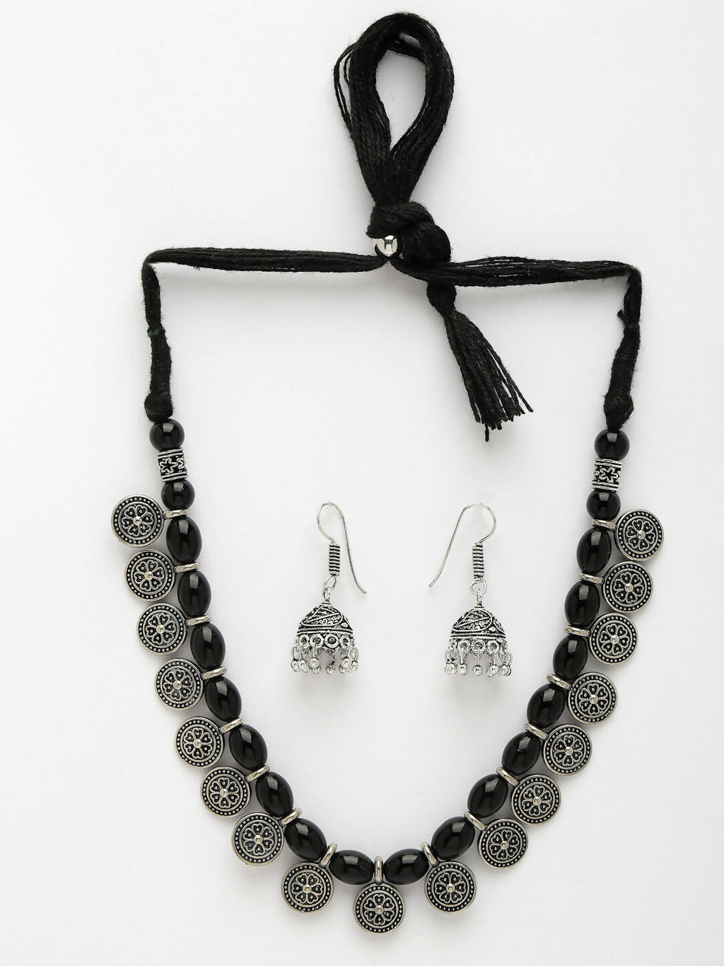 NVR Women's Black Silver-Plated Choke Oxidized Necklace with Jhumka Earrings