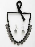 NVR Women's Black Silver-Plated Choke Oxidized Necklace with Jhumka Earrings