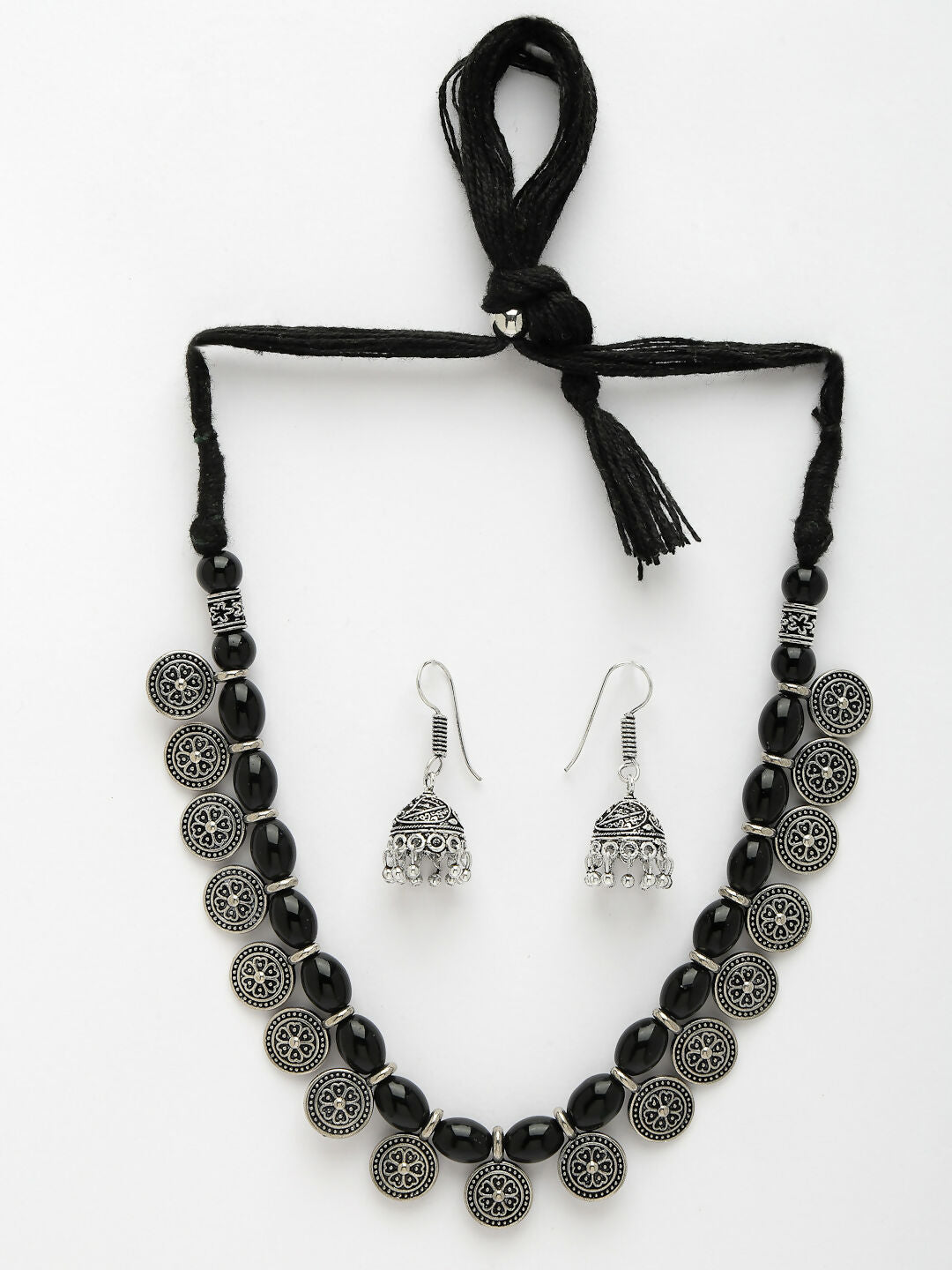 NVR Women's Black Silver-Plated Choke Oxidized Necklace with Jhumka Earrings