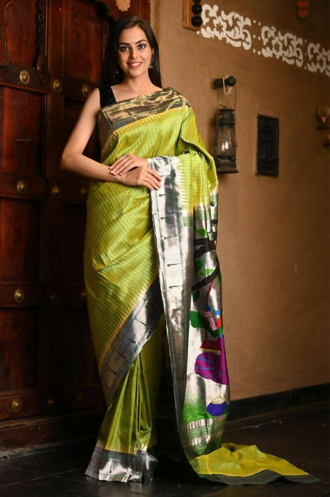 Very Much Indian Premium Handloom Pure Silk Muniya Borde-Parrot Green,Silver Zari And Intricate Big Radha Krishna Pallu - Distacart