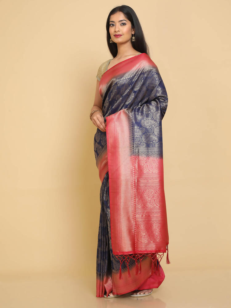 Kalamandir Ethnic Motifs Dark Blue Silk Blend Saree