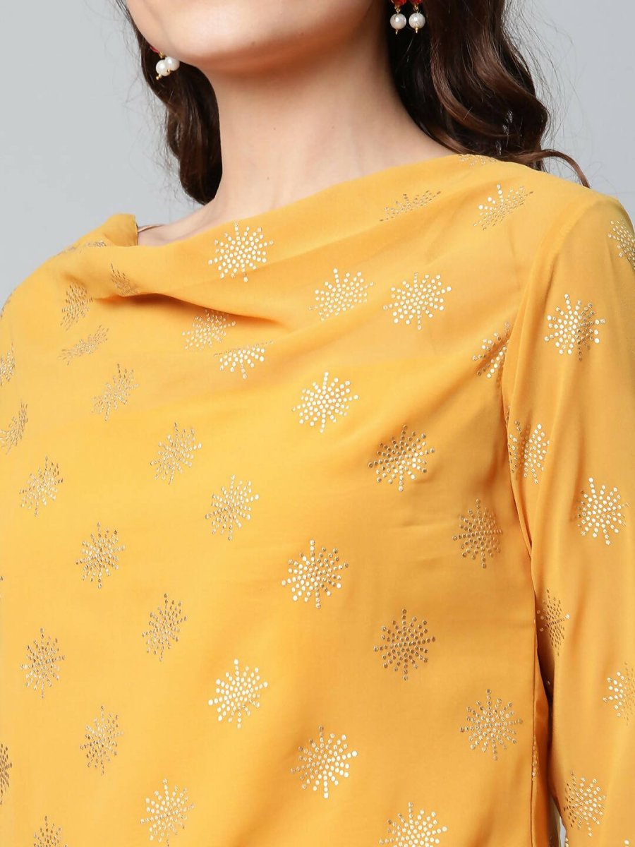 Ahalyaa Womens Mustard Georgette Gold Foil Printed Kurta Sharara Set With Dupatta - Distacart