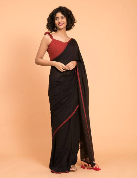 Suta Black Maroon Solid Cotton Saree