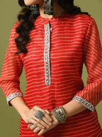 Myshka Women's Red Printed Cotton Blend Straight Party Kurta Set