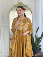 The52 Mustard Women's Gorgeous Embroidered Vichitra Silk Fabric Flared Kurta Pant with Dupatta Set - Distacart