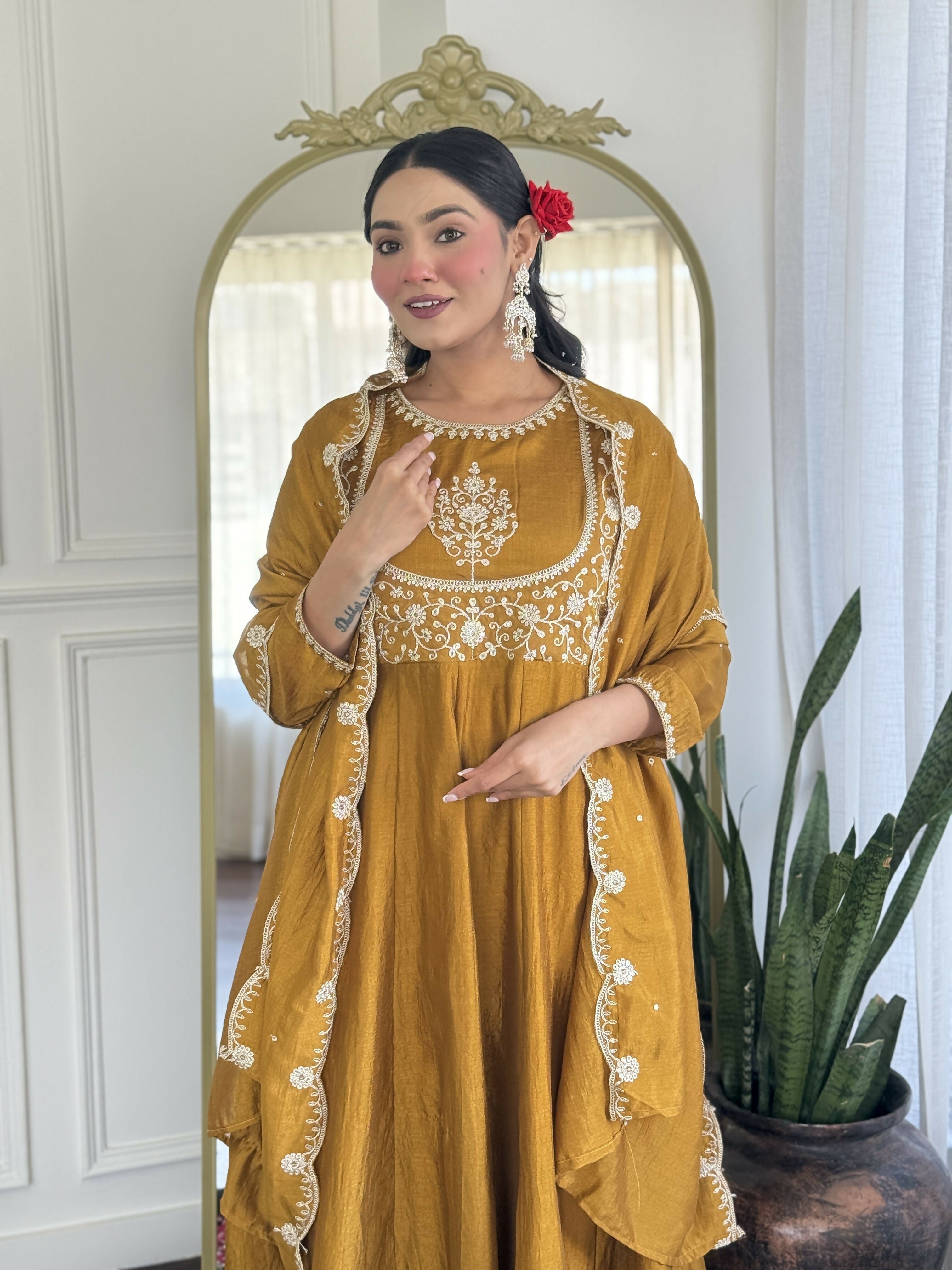 The52 Mustard Women's Gorgeous Embroidered Vichitra Silk Fabric Flared Kurta Pant with Dupatta Set - Distacart