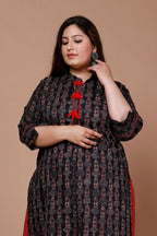 Miravan Women's Plus Size Black Printed Pure Cotton Kurta With Skirt