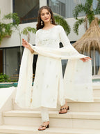 The52 White Women's Beautiful Rayon Slub Fabric Embroidered Work Straight Kurta, Pant and Dupatta Set - Distacart