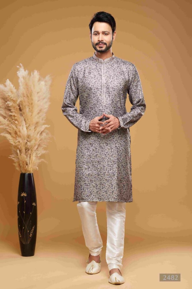 Raivat Ethnic Art Silk Digital Print Pintux Work Kurta Pajama In Grey Colour